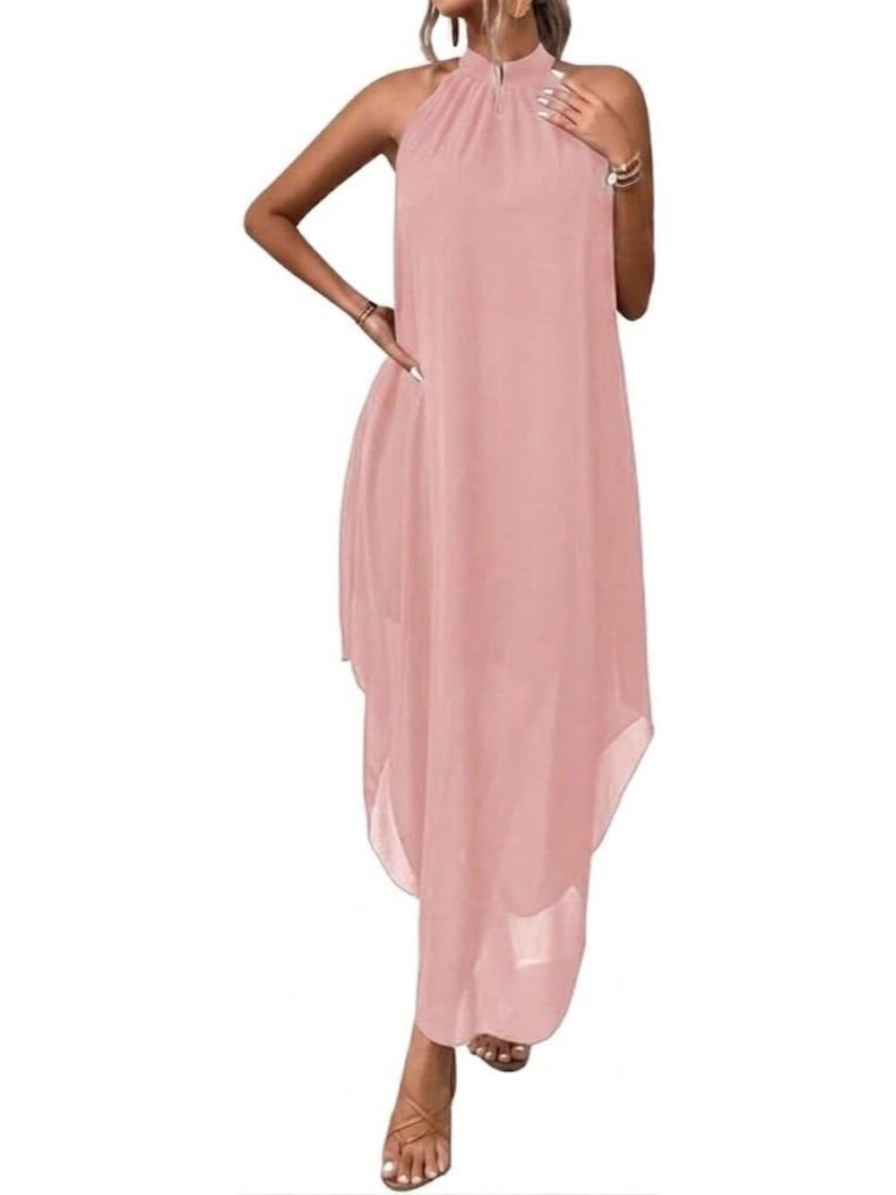 Women's Light Pink Chiffon Elegant Cocktail Halter Neckline Lightweight Maxi